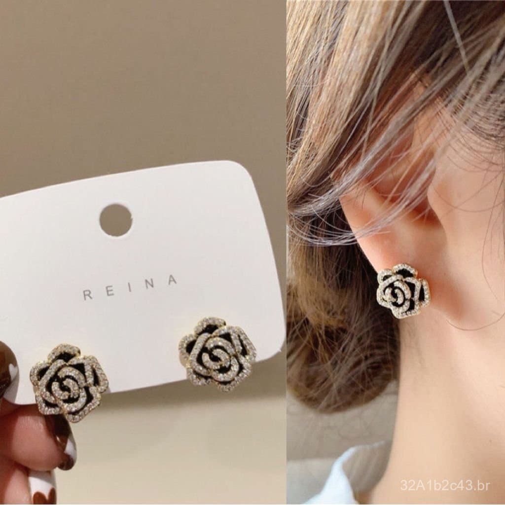 Brincos de camélia preta vintage francesa com diamantes, feitos com agulha de prata 925, brincos elegantes, simples, del