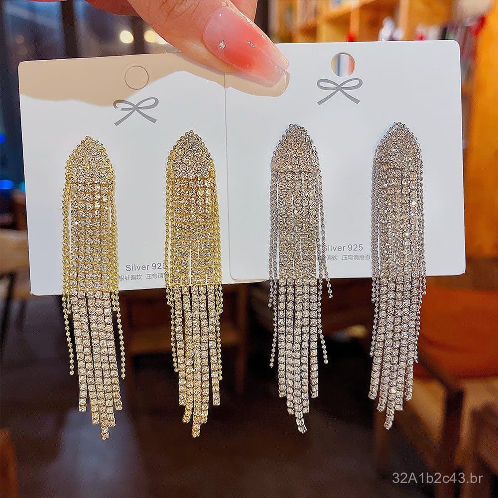 Brincos de prata 925 com borlas em formato de losango geométrico cravejados de diamantes para mulheres, brincos elegante