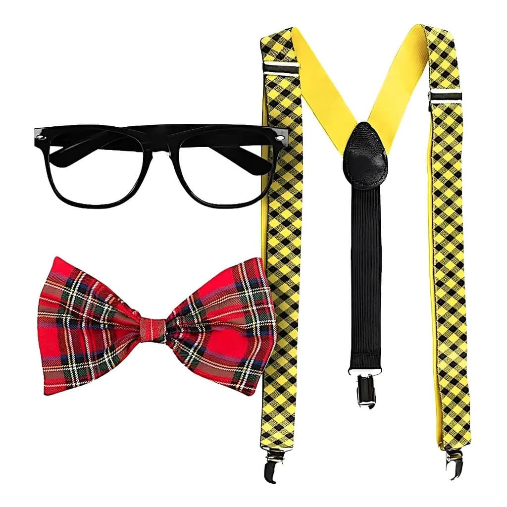 Kit Fantasia Nerd Óculos Suspensório Gravata Cosplay Carnava