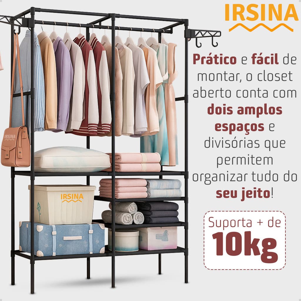 Guarda Roupa Aberto Closet Portatil 2 Divisórias Preto com 6 Prateleiras