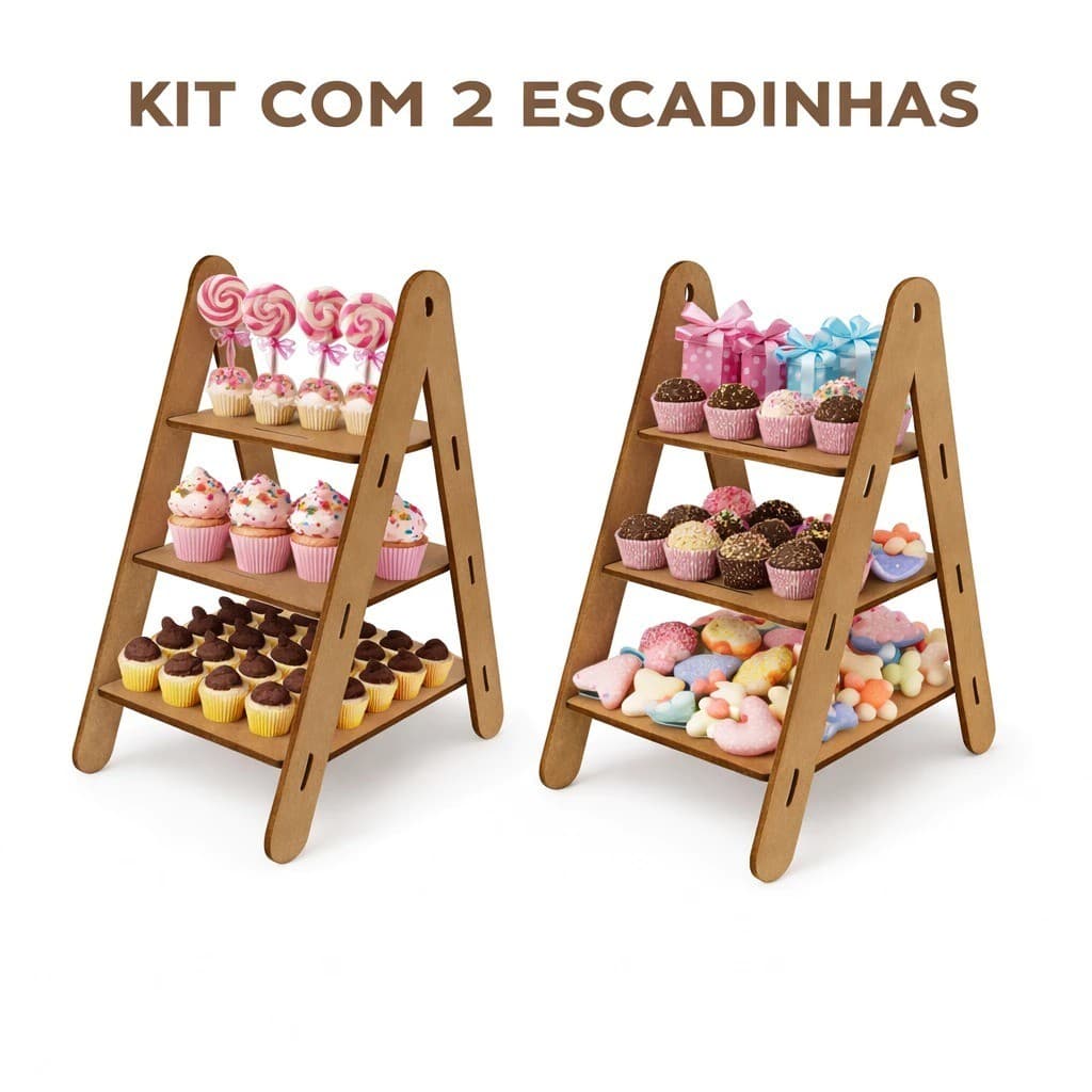2 Escadinha Escada Decorativa MDF 3 Andares para Mesa de Festa e Doces criança