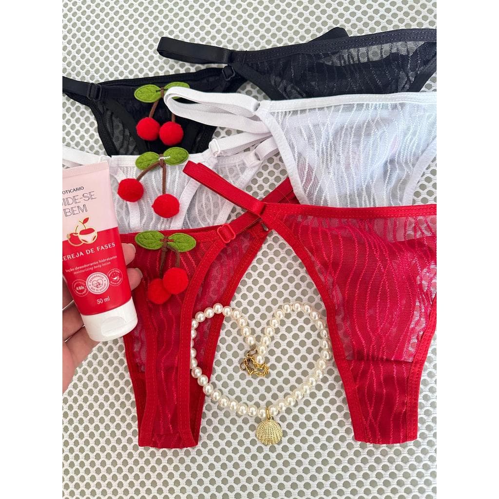 Kit 3 Calcinha Cereja Rendada Regulagem Tanga Fio Sensual Cerejinha
