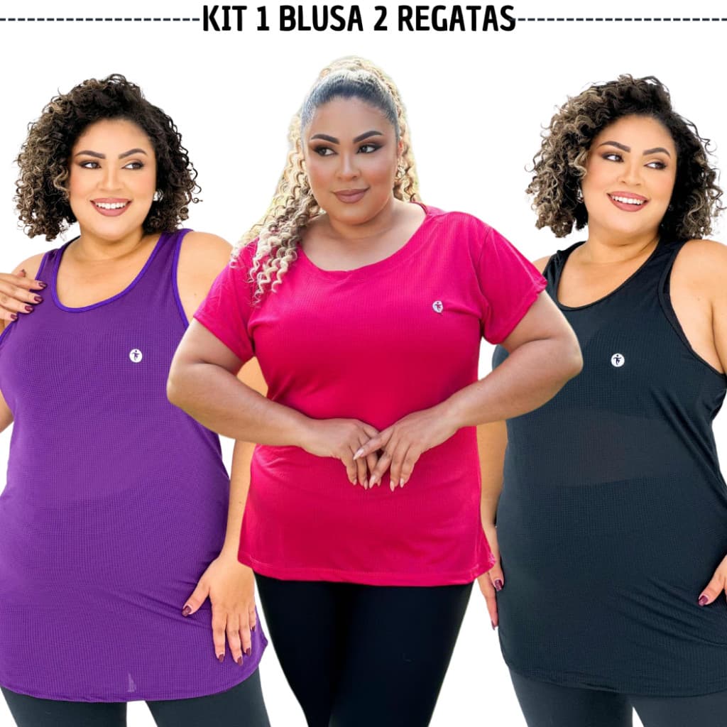 KIT 1 Blusa 2 Regata Academia Feminina Plus Size  Dri Fit Blusa Caminhada Musculação Treino G1 G2 G3