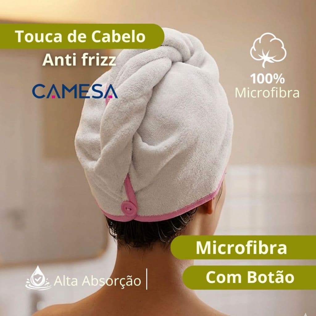 Touca de Cabelo Anti Frizz 100% Microfibra com Botão Prático