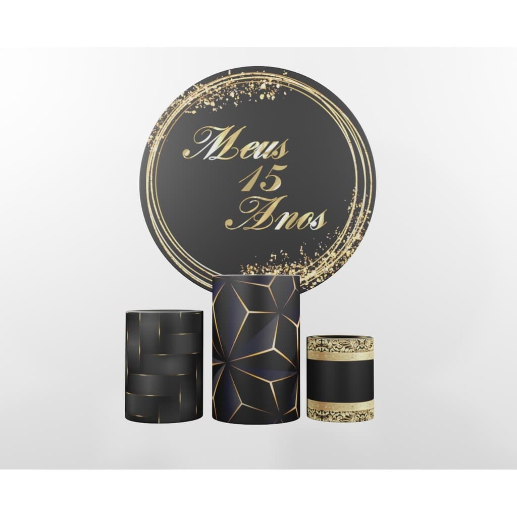 Painel Redondo 15 Anos Dourado + Trio De Capa Cilindro