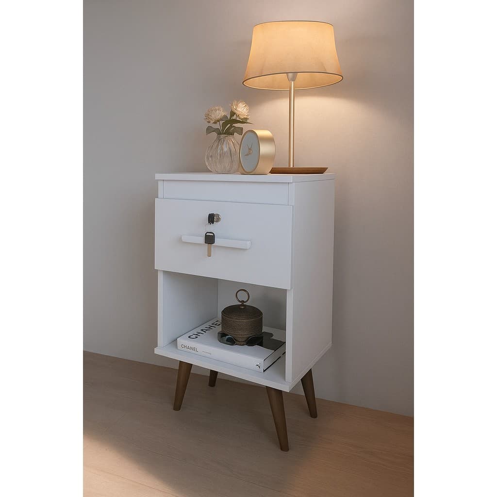 Mesa de Cabeceira com 1 Gaveta e Chave – Design Moderno e Funcional para Quarto Cor Branca