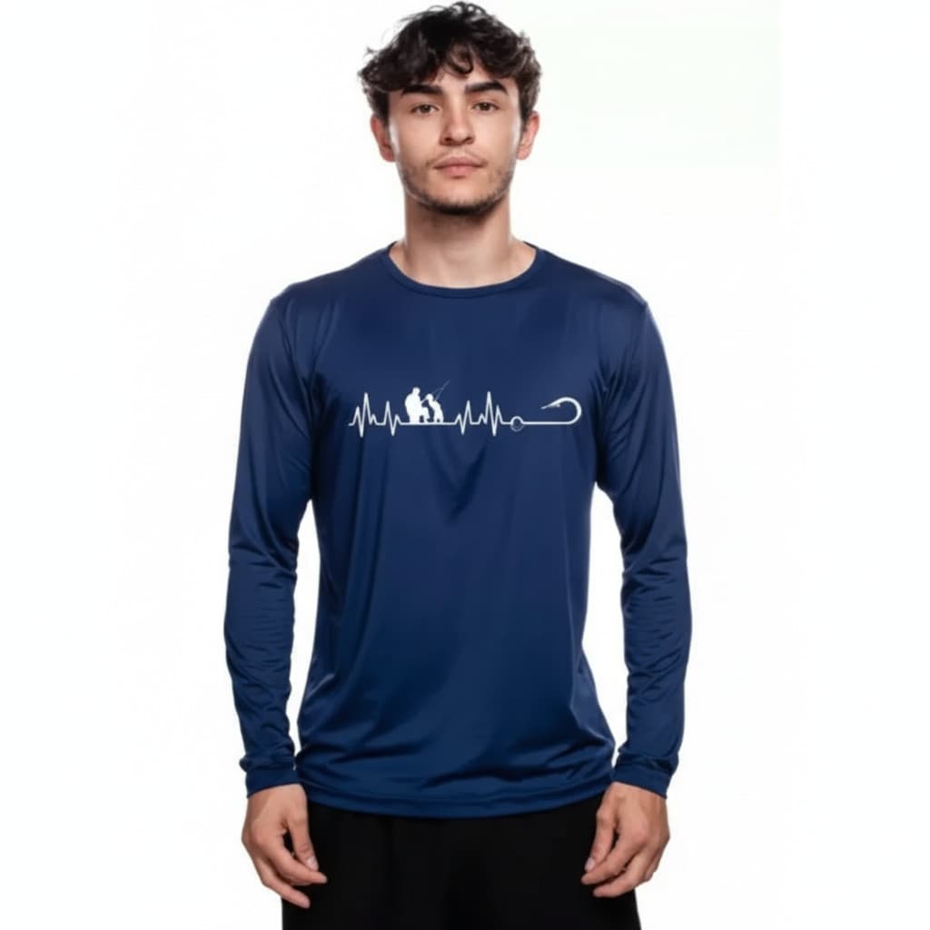 Camisa Manga Longa Azul Masculina Dry Fit Bad Fish Anzol Leve Confortável