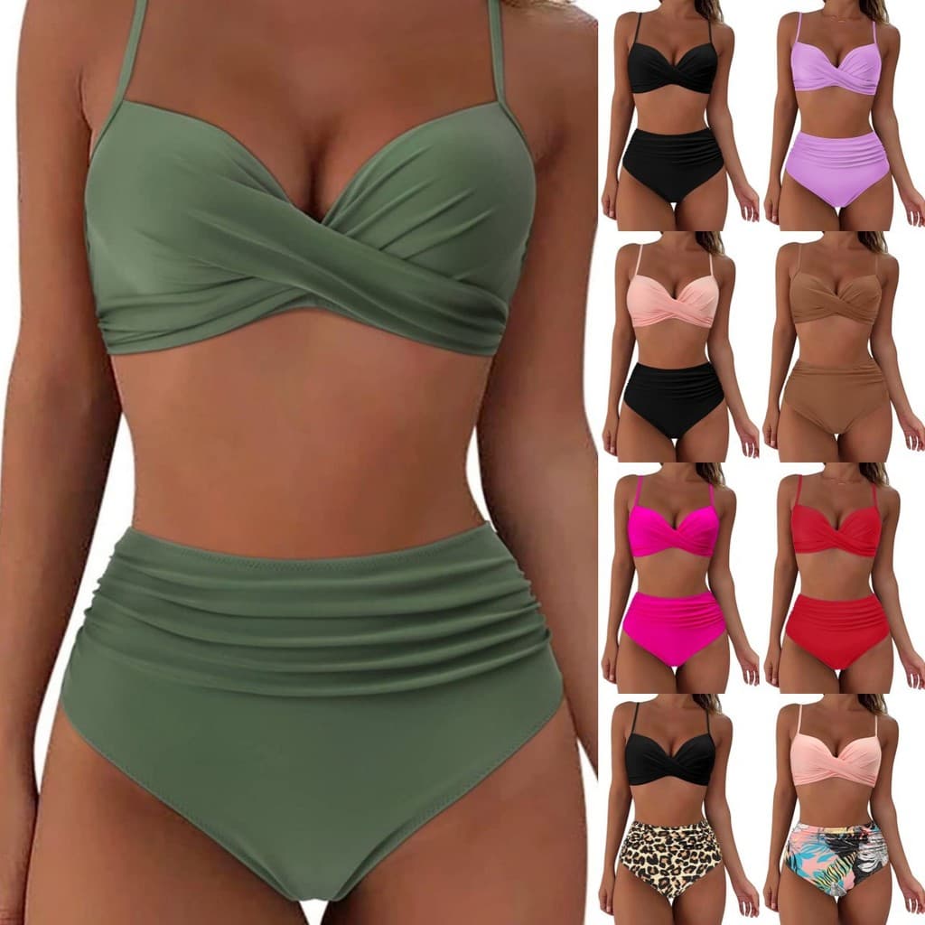 Conjunto Biquíni Verde Militar Cruzado Cintura Alta, Moda Praia Verão Feminino