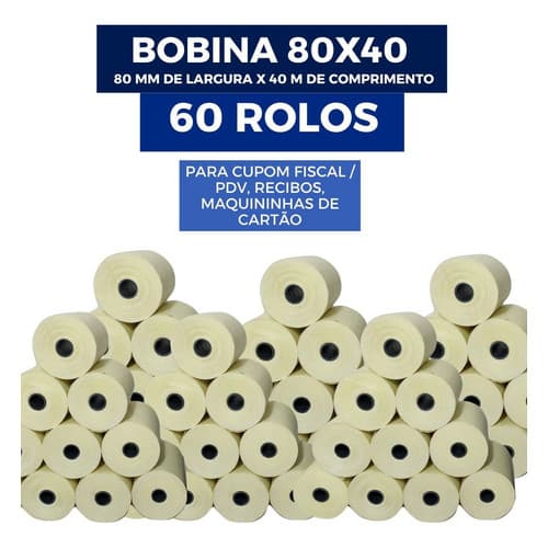 60un Bobina Térmica Impressão Pdv Branca Unidades 80x40mm
