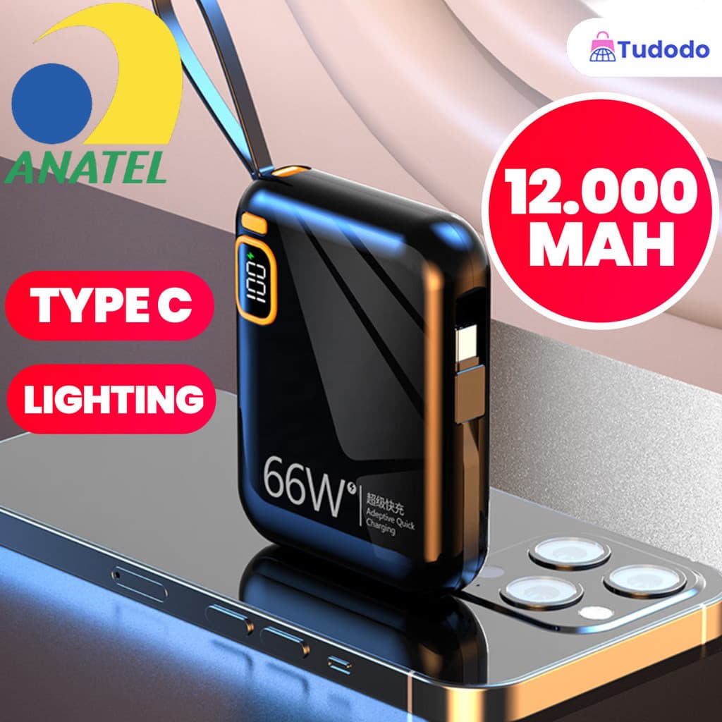 Carregamento rápido duplo oferece recarga super rápida bateria carregadora 12000mAh compacta com cabo integrado