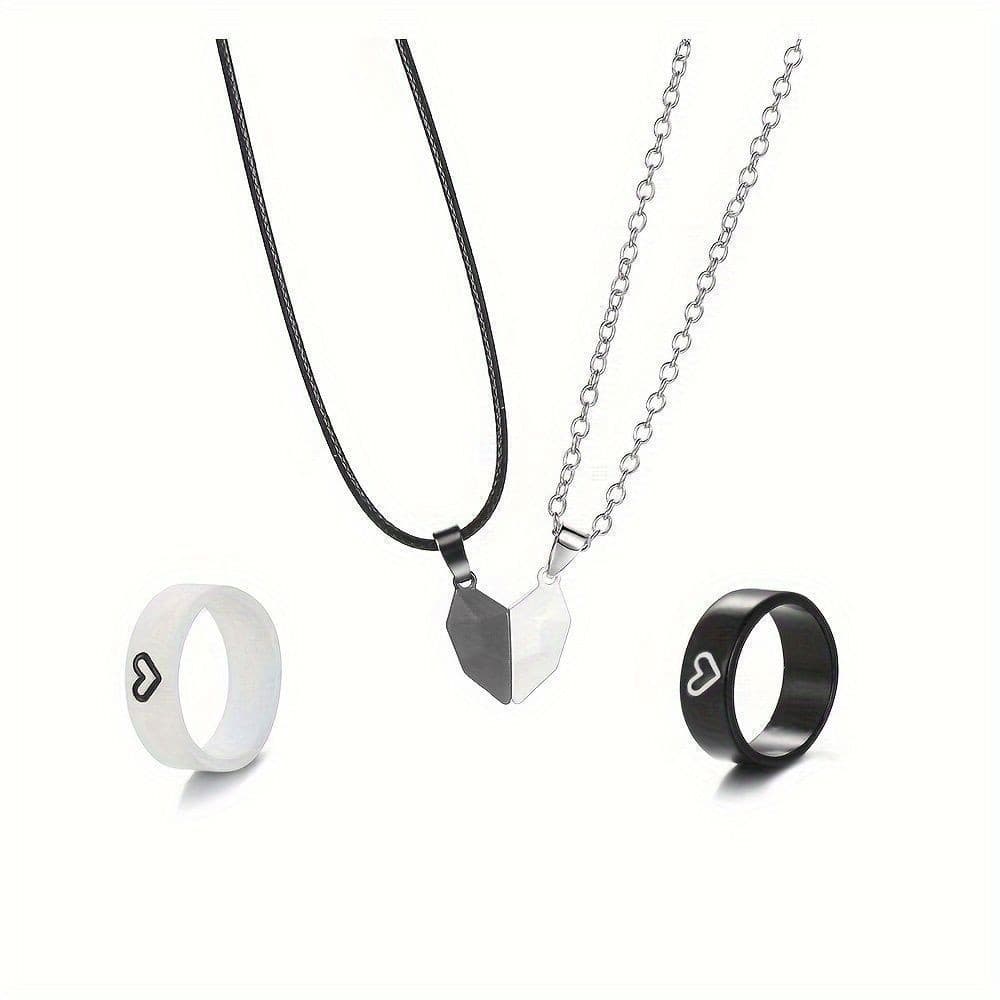 Conjunto De Colar E Anel Com Pingente De Coração Magnético , 4 Peças , Minimalista , Preto Branco , Joias De Casal