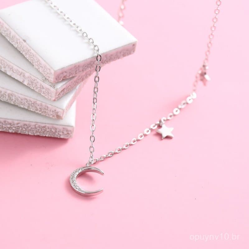 Colar de prata 925 para mulheres, estilo coreano, delicado e fofo, com pingentes de estrela e lua, corrente curta para c