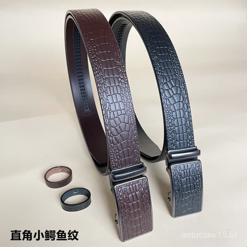 Cinto masculino de couro bovino de flor integral, 3,5mm, tingido transparente, com padrão de pequeno crocodilo, borda re