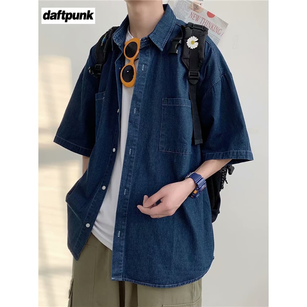 Camisa jeans retrô estilo Hong Kong, camisa masculina de verão, manga curta, roupa de trabalho Casual solta, jaqueta fin