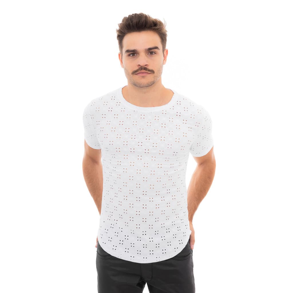 Camiseta Masculina Longline Bordada Laise Furadinha Premium