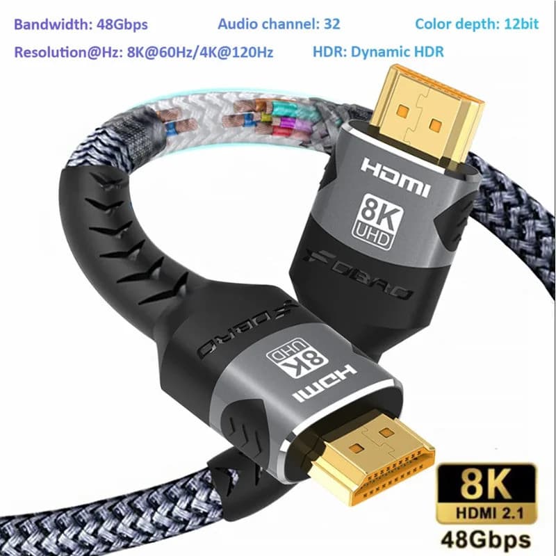 Cabo HDMI 2.1 8K 48Gbps de Alta Velocidade, Cabo HDMI Trançado - 4K@120Hz 8K@60Hz, DTS:X, HDCP 2.2 e 2.3, HDR 10 para La