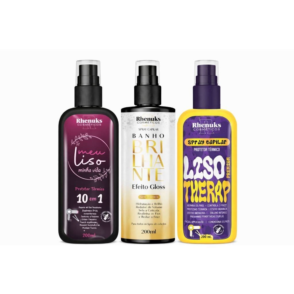 Kit Spray Protetor Térmico Capilar 10 Em 1 Meu Liso + Banho Brilhante + Liso Therap 200ml Cada