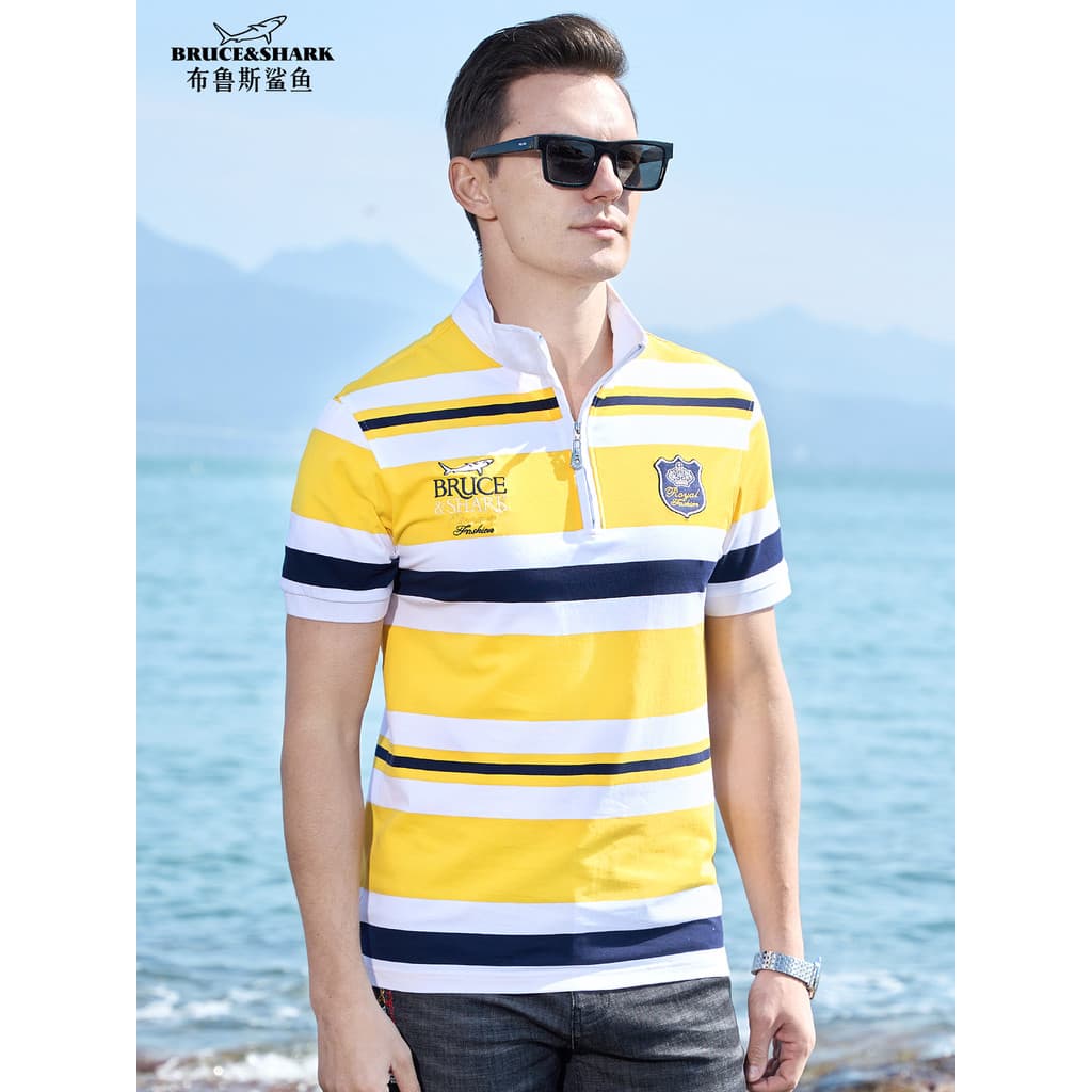 Camiseta de verão masculina listrada de manga curta Bruce Shark Street Wear tamanho grande gola alta masculina fina Loo