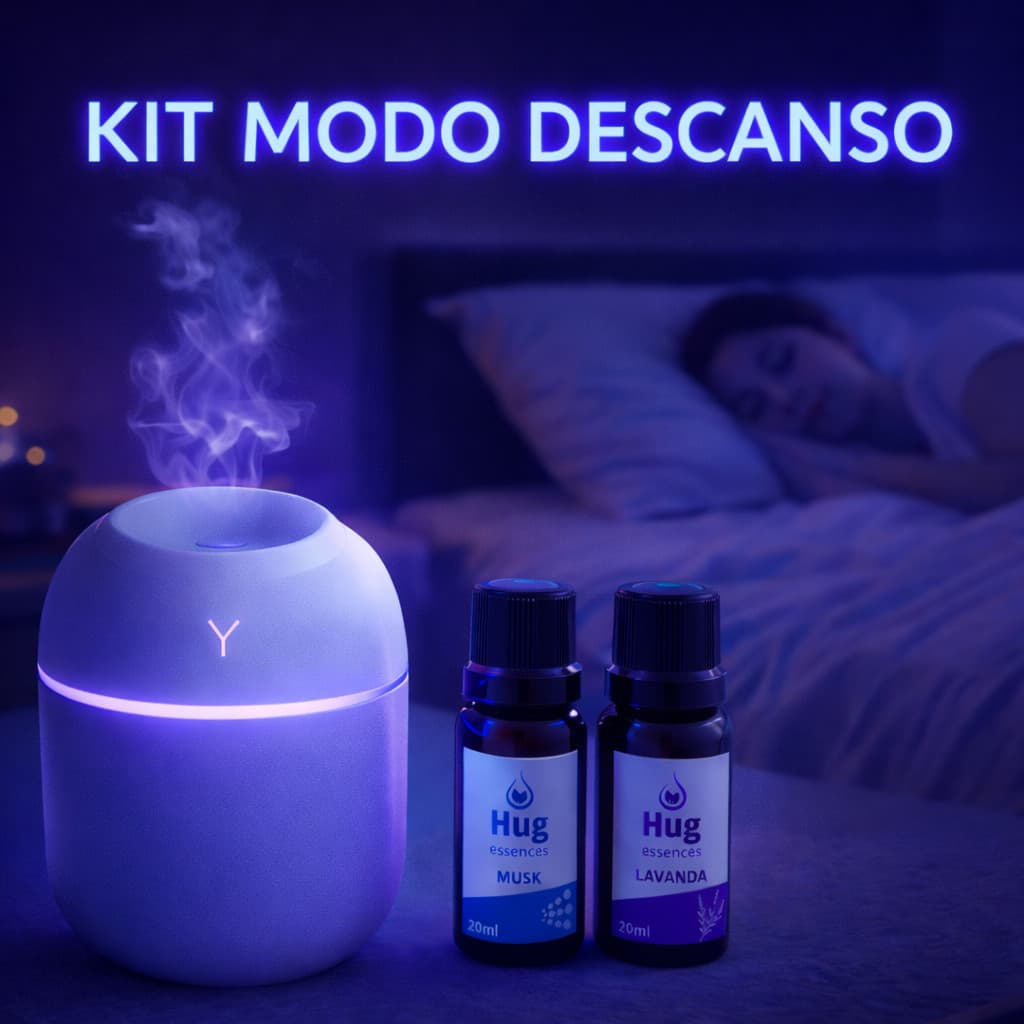 Kit Modo Descanso Umidificador De Ar+1 Essência Musk e 1 Essência Lavanda Hidrossolúvel 20ml | Modelo Ultrassônico 200ml