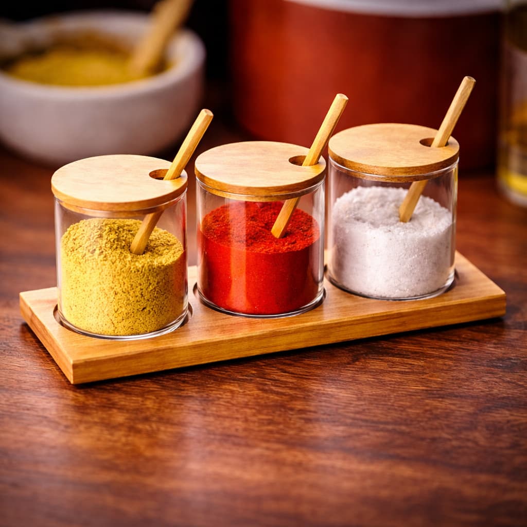 Kit Porta Temperos Cozinha em Vidro com Colher e Suporte Bambu