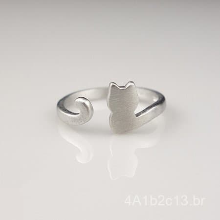 Anel de prata escovada com acabamento prateado, com design de um pequeno elefante e gato, tamanho ajustável, presente pa