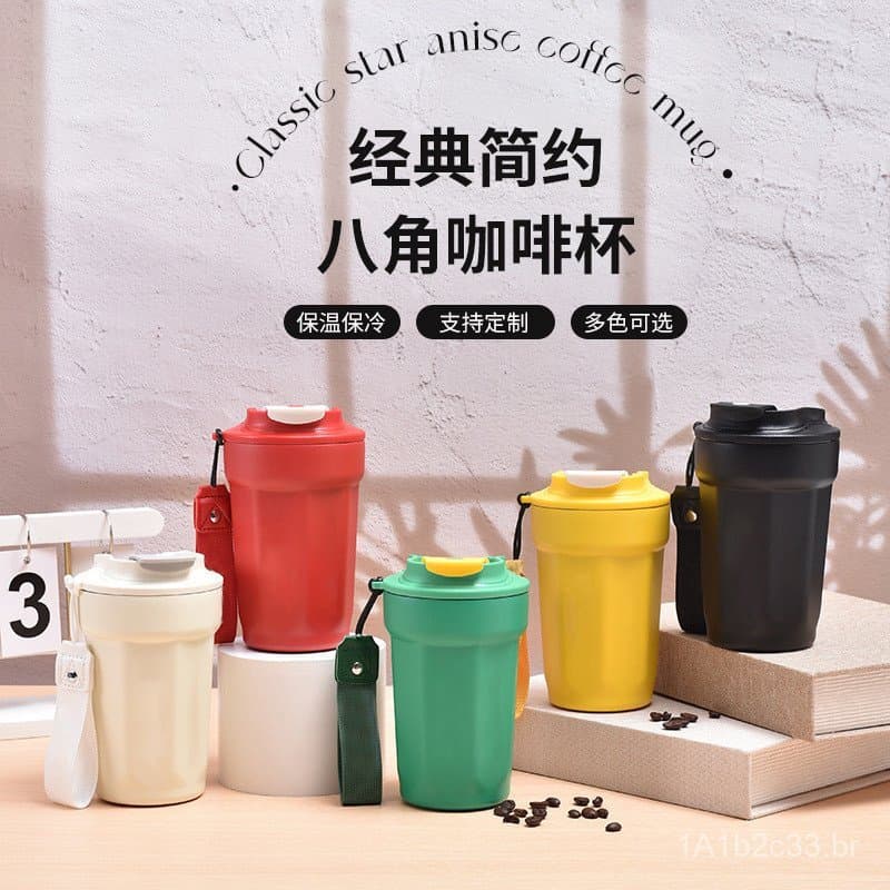 Nova e popular caneca de café octogonal feita de aço inoxidável 316, caneca isolada com tampa articulada, portátil para