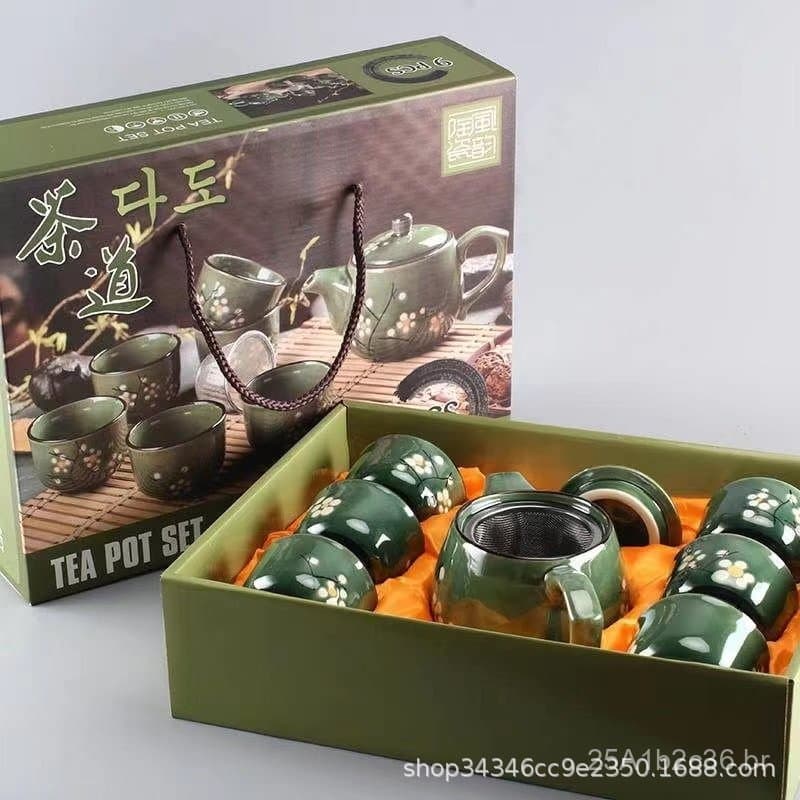 Conjunto de chá de cerâmica para uso doméstico, esmalte verde, conjunto de chá kung fu de 9 peças, com bule e xícaras, a