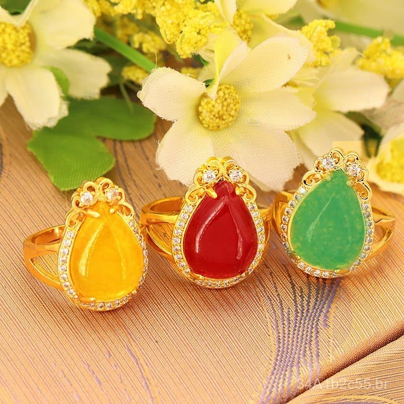 Anel feminino vietnamita banhado a ouro em formato de gota com zircônia, mesmo estilo dos itens de mercado de rua, ataca
