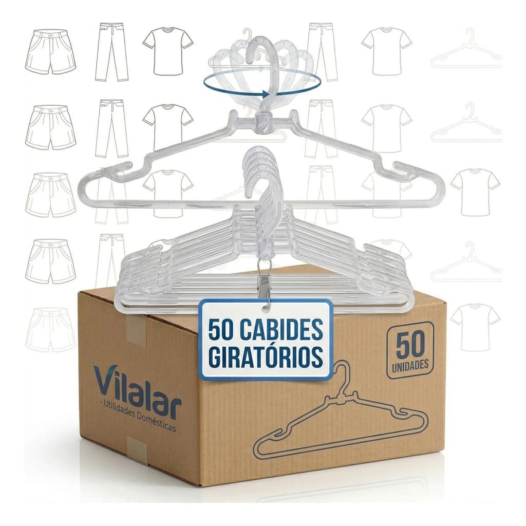 Kit 50 Cabide Acrílico  Transparente Grosso Gancho Giratório Cristal Adulto 10mm  Roupas Pesadas