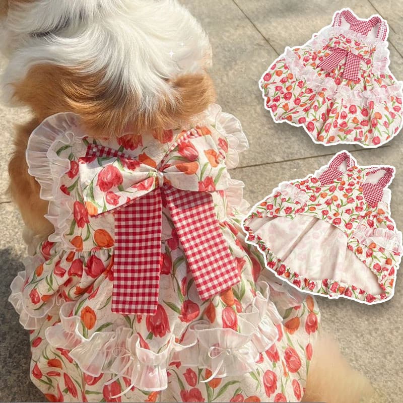 Roupas Para Cães Grandes , Vestido De Verão Sem Mangas Com Laço , Estampa De Tulipa Princesa Cachorro Samoyed , Golden R