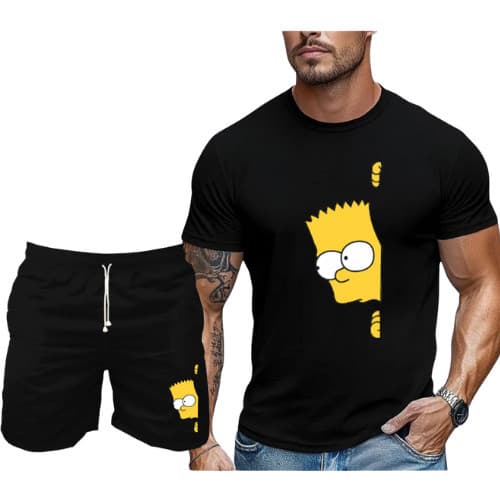 Kit Conjunto Camiseta Casual E Bermuda Tactel Streetwear Bart Simpson Masculino Camisa Short