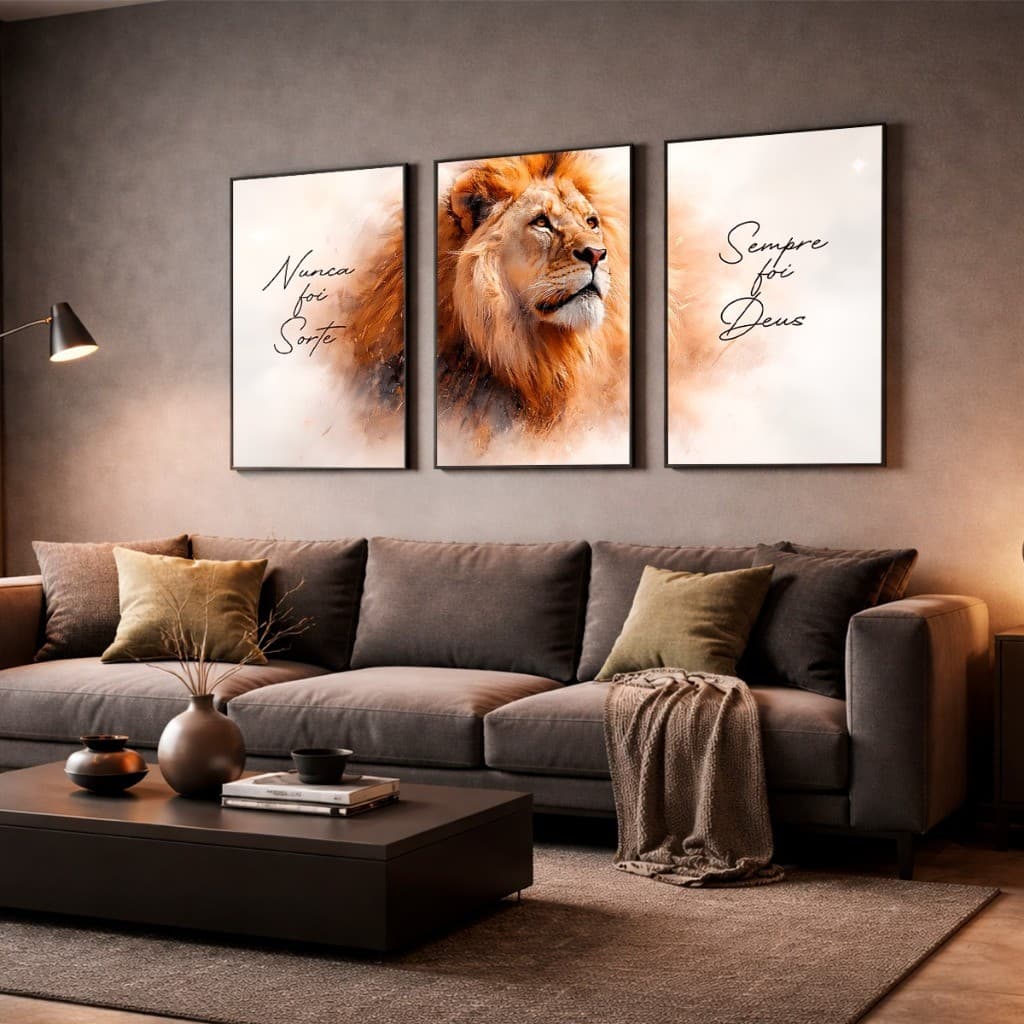 Kit 3 Quadros Decorativos De Parede Leão Nunca Foi Sorte - Branco 50X90