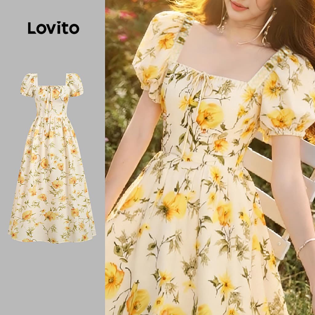 Lovito Vestido Casual flores estrutura linha rendas até vestido primavera/verão para mulheres LK3ED916