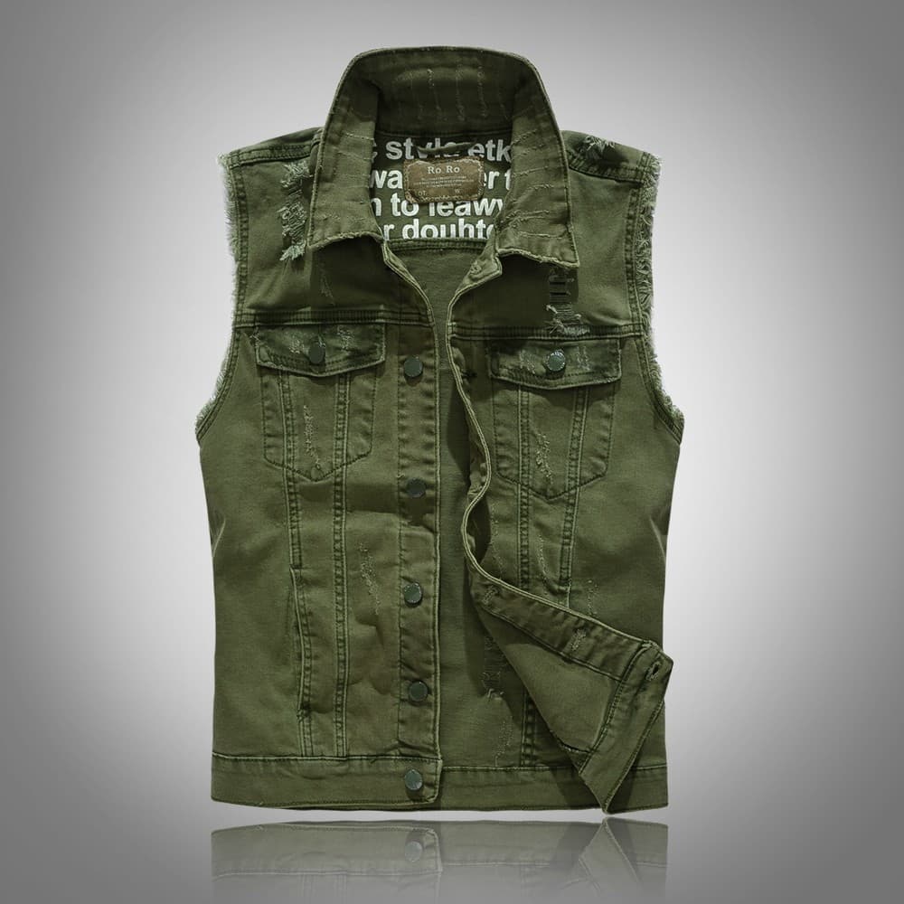 A8 novo estilo único versão coreana magro-ajuste colete jeans masculino colete jeans verde do exército colete jeans