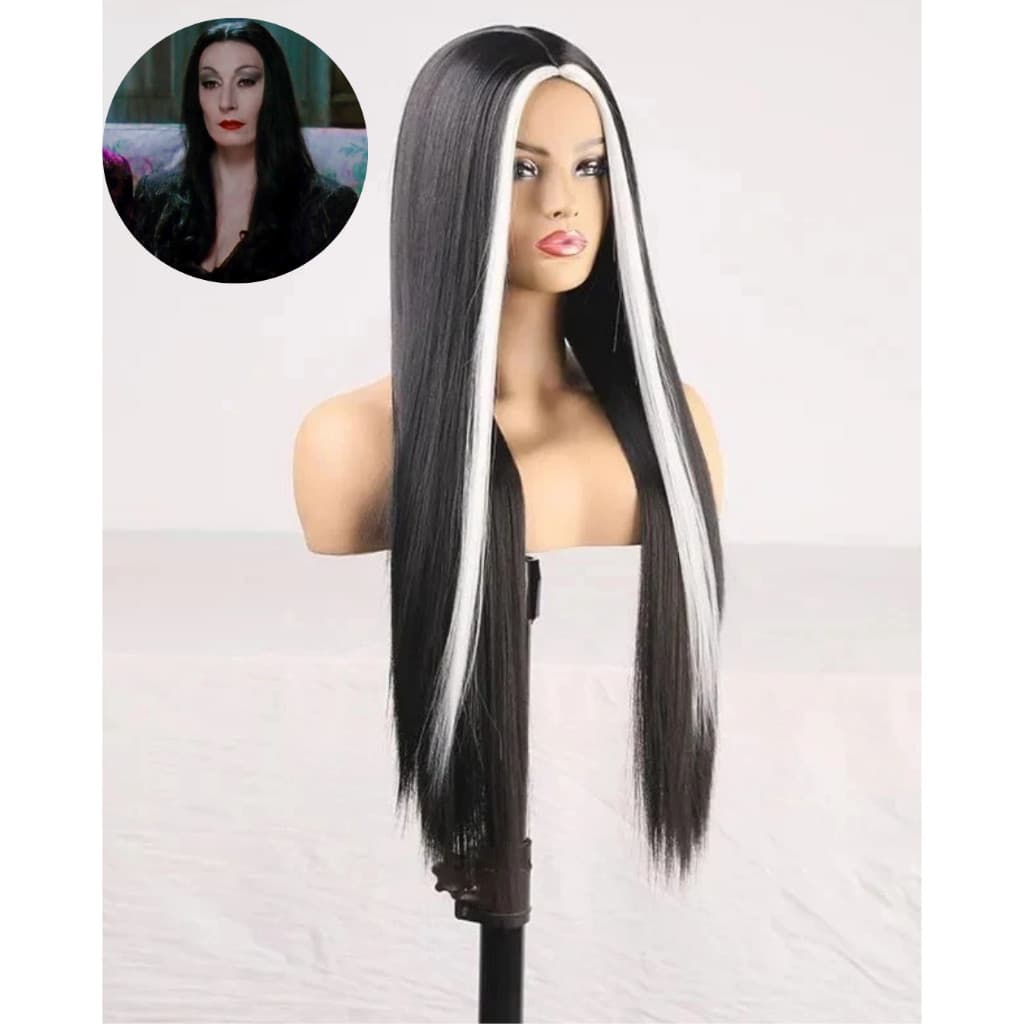 Peruca Longa Lisa com Mecha Branca Personagem Mortícia Família Addams Temática Halloween, cosplay