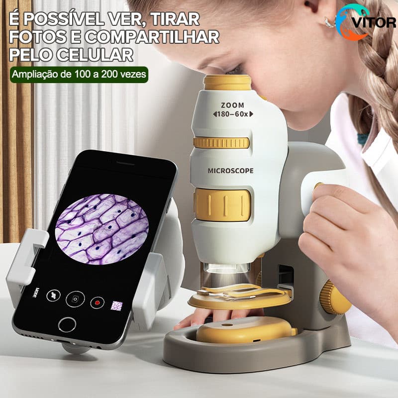 Microscópio de Mão Portátil 60X-180X com Zoom – Brinquedo Educativo Infantil para Exploração Científica