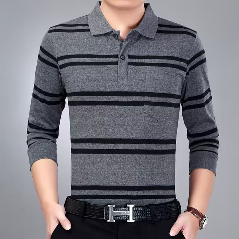 Primavera outono de meia-idade lapela masculina listrado manga comprida camiseta puro algodão bolso camisa de fundo cola