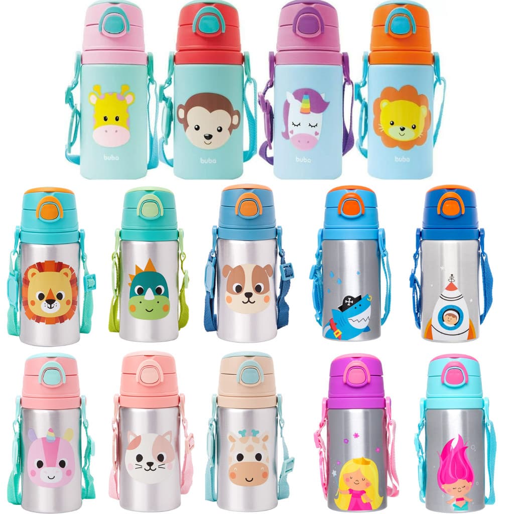 Garrafa Garrafinha De Alumínio Canudo 450 ml Unicórnio, Leão, Girafa, Macaco, Dino e Gato e Cão Buba
