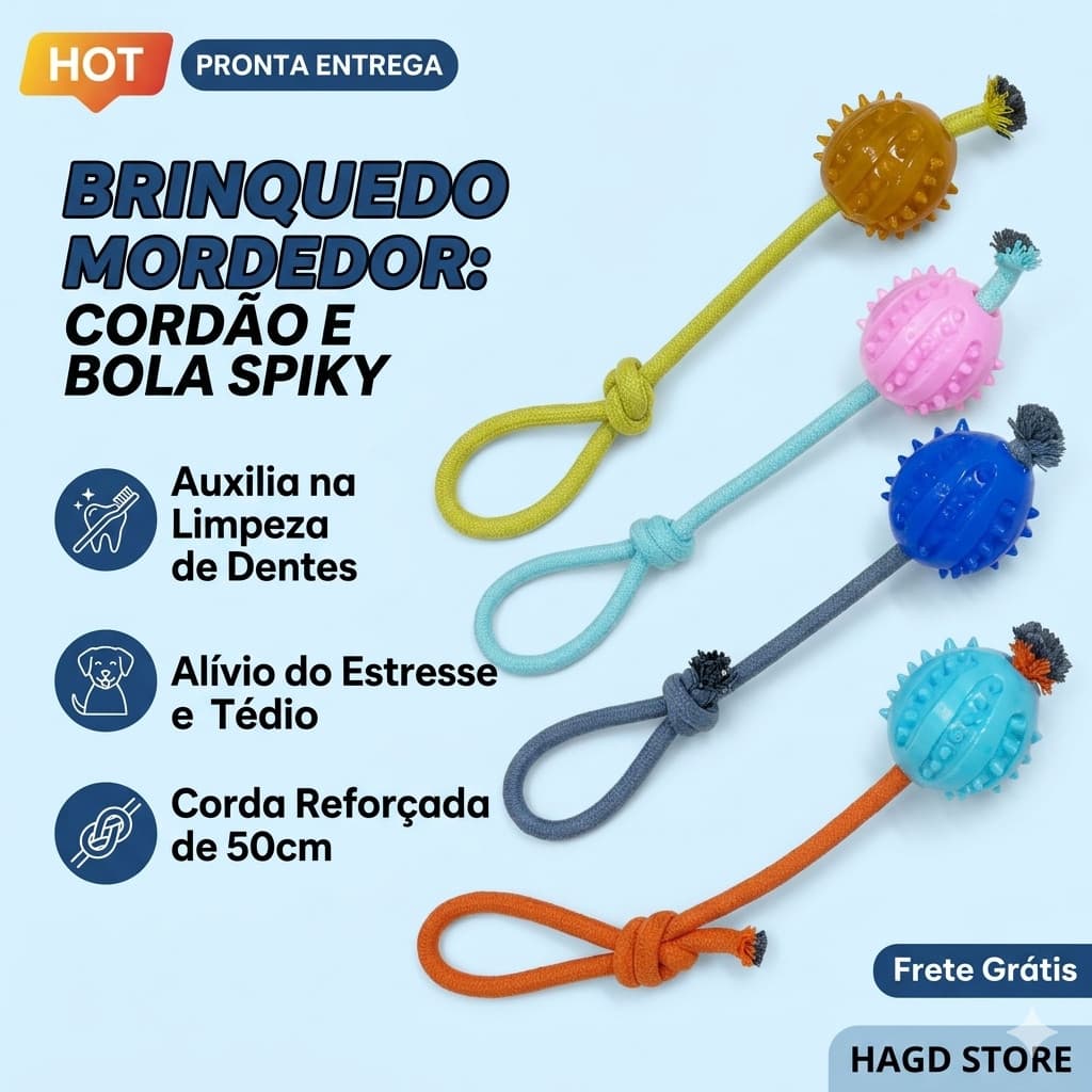 Brinquedo Mordedor Para Cachorro Bola Com Cravos e Corda Resistente Gasto De Energia 50cm Antiestresse Limpeza De Dente