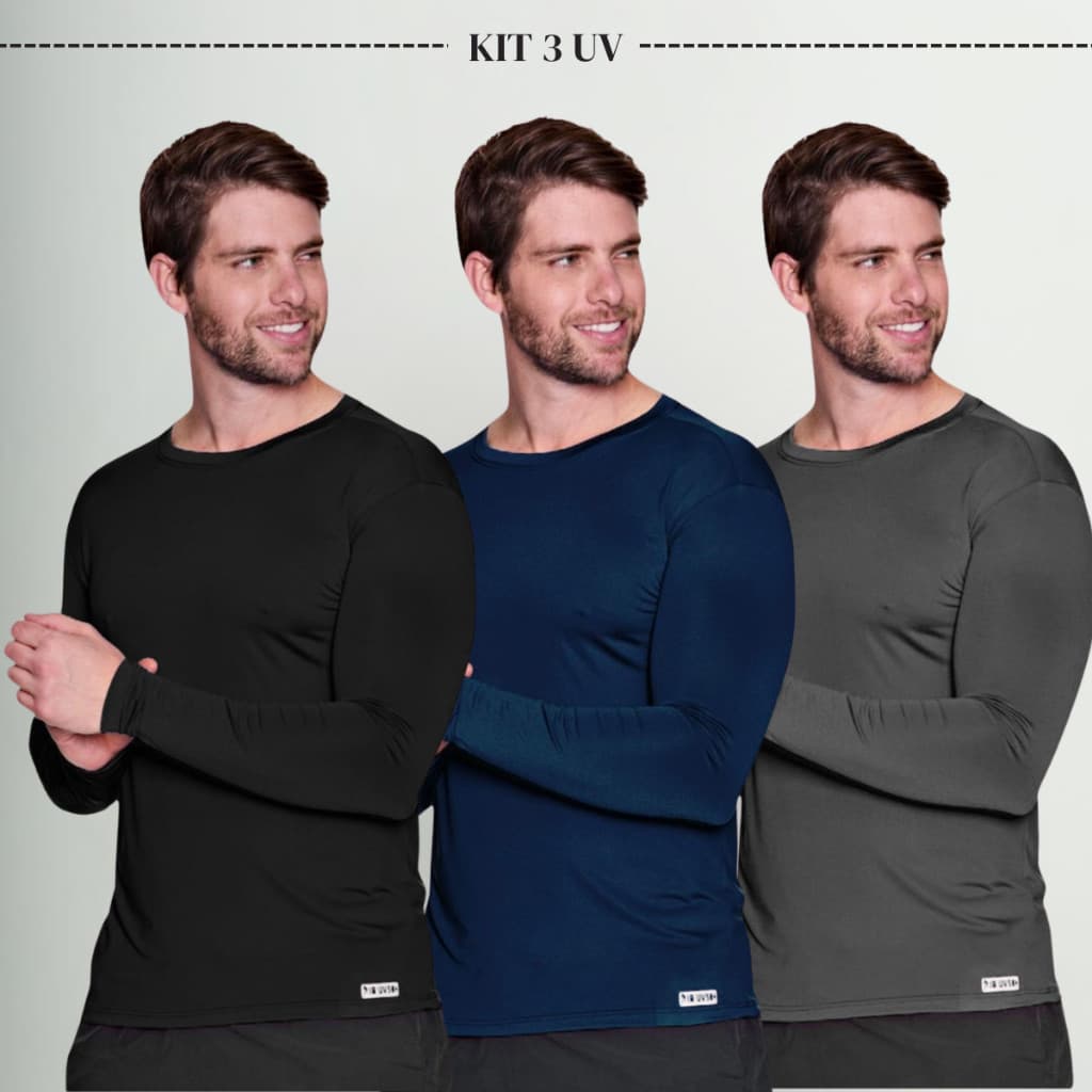 Kit 3 Camisas Proteção solar UV Masculina Térmicas UV 50+ Malha Fria Proteção Solar