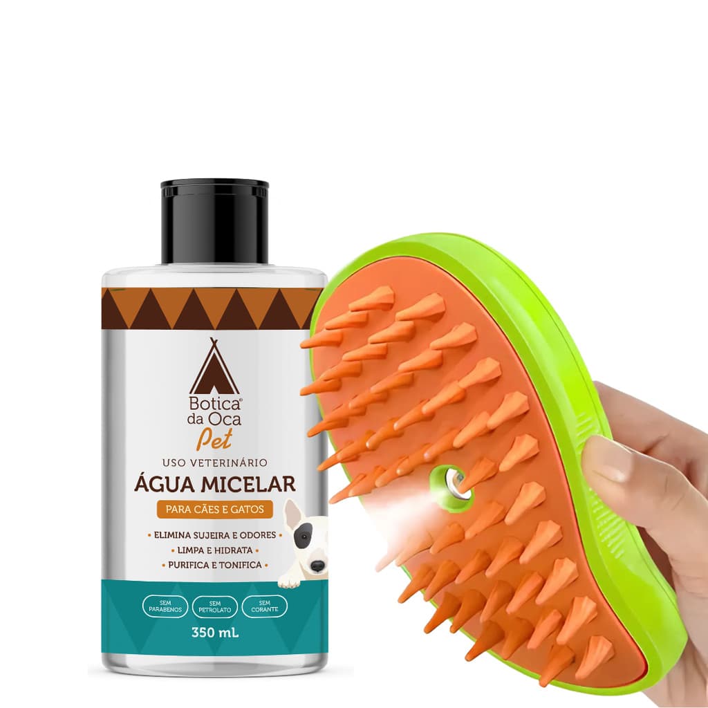 Água Micelar Pet + Escova Vaporizadora – Limpeza Profunda e Hidratação