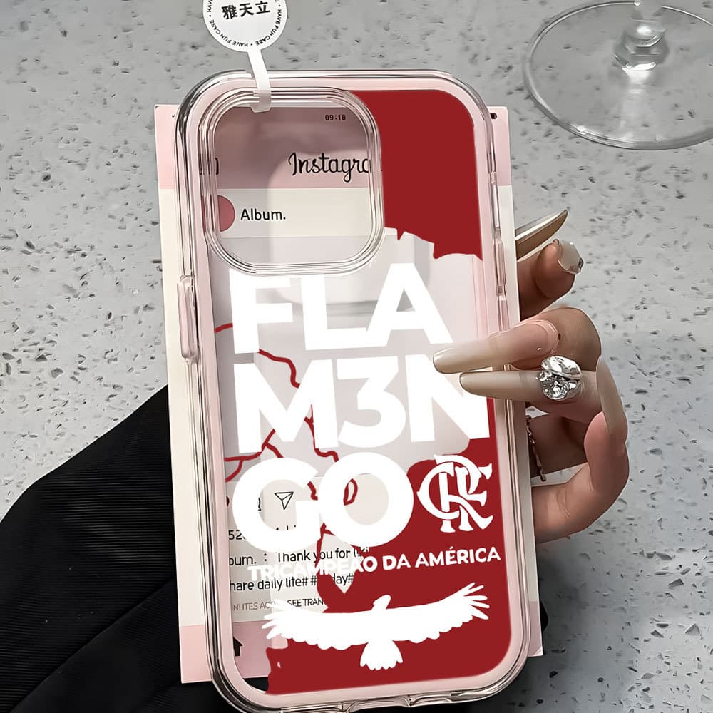 Mengão Flamengo 2 Em 1 Capa Capinha Para iPhone 17 Air 16 15 14 Plus 13 12 11 Pro Max Acrílico Transparente Anti-Impacto