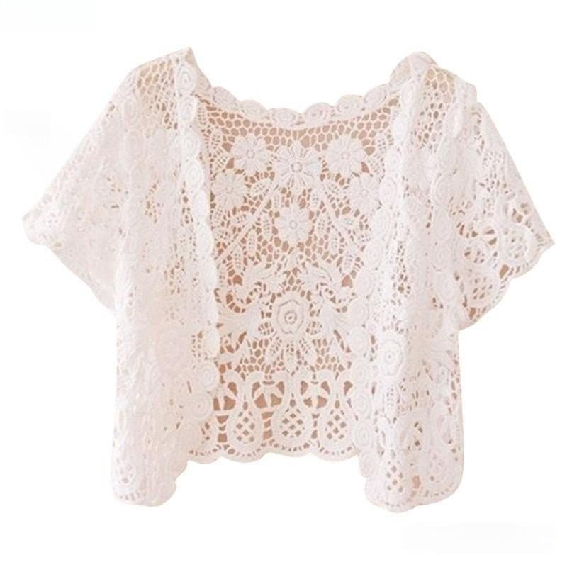 Bolero de Renda Feminino com Ombros Curtos, Top Cropped, Cardigã Floral de Crochê