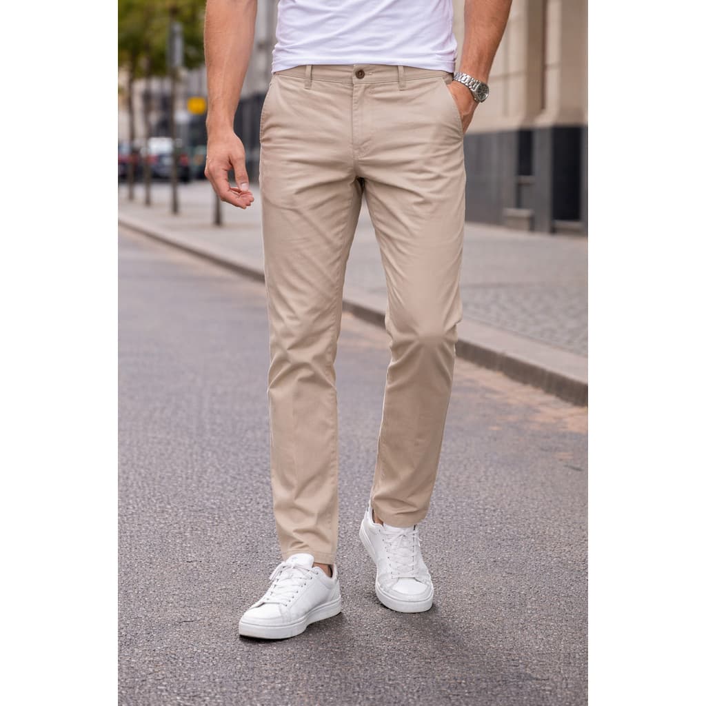 Calça Sarja Masculina Chino Premium Slim com Elastano Bege Casual Luxo