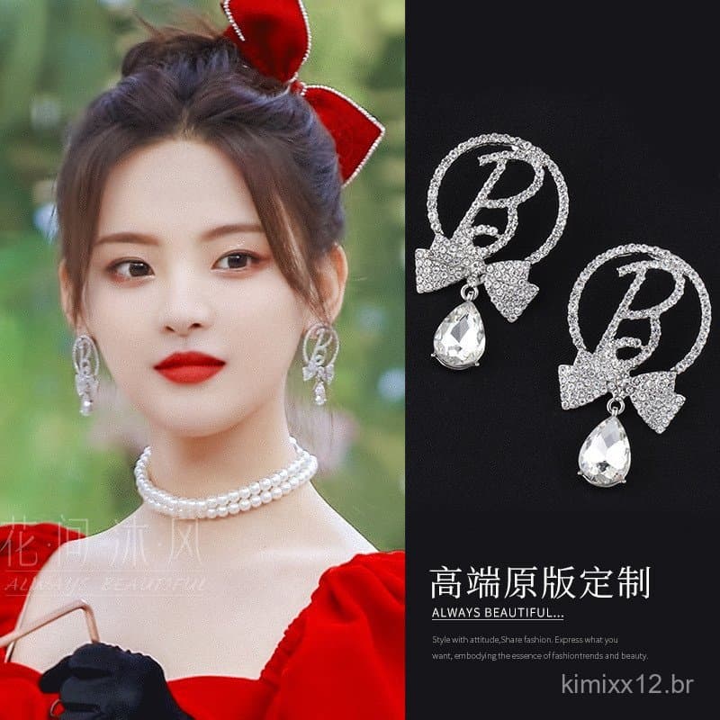 Brincos de prata S925 no estilo de Yang ChaoYue, com diamantes brilhantes, design de laço doce e fofo, brincos femininos