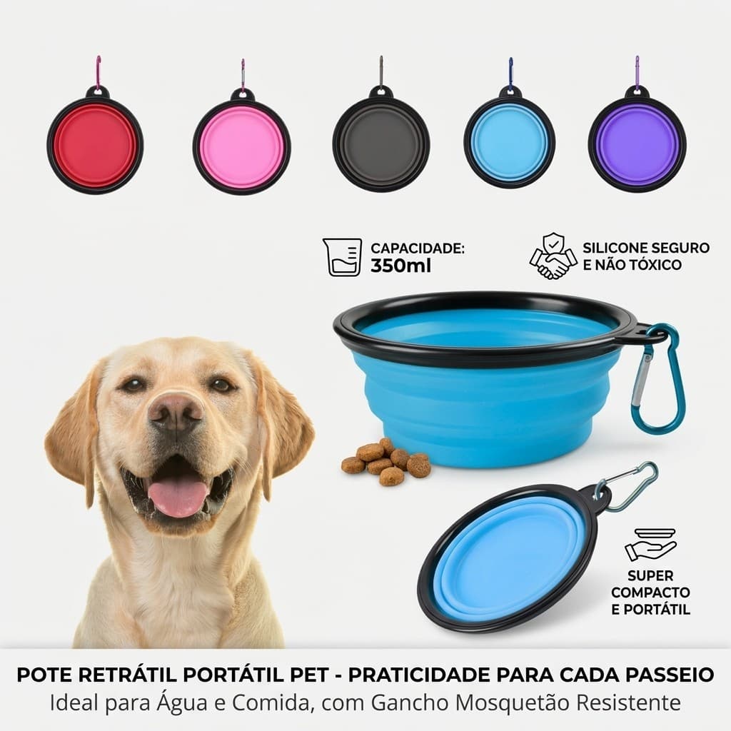 Pote Retrátil Portátil Pet 350ml Comedouro e Bebedouro Silicone Atóxico para Cães e Gatos Viagem Passeio