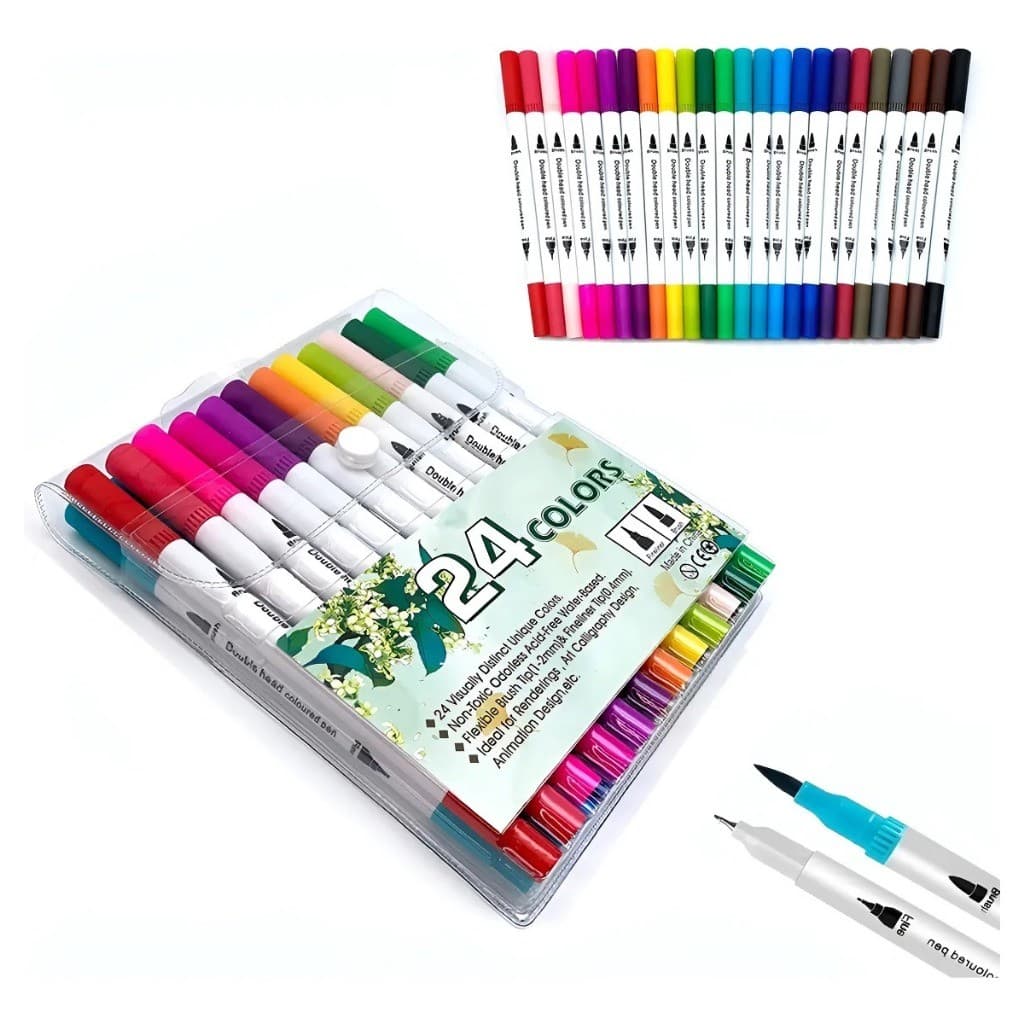 Kit 12/24/36/48/60/80 Cores Caneta 2 em 1 Brush Lettering e Ponta Fina Dual Pen Canetinha Colorir Desenho