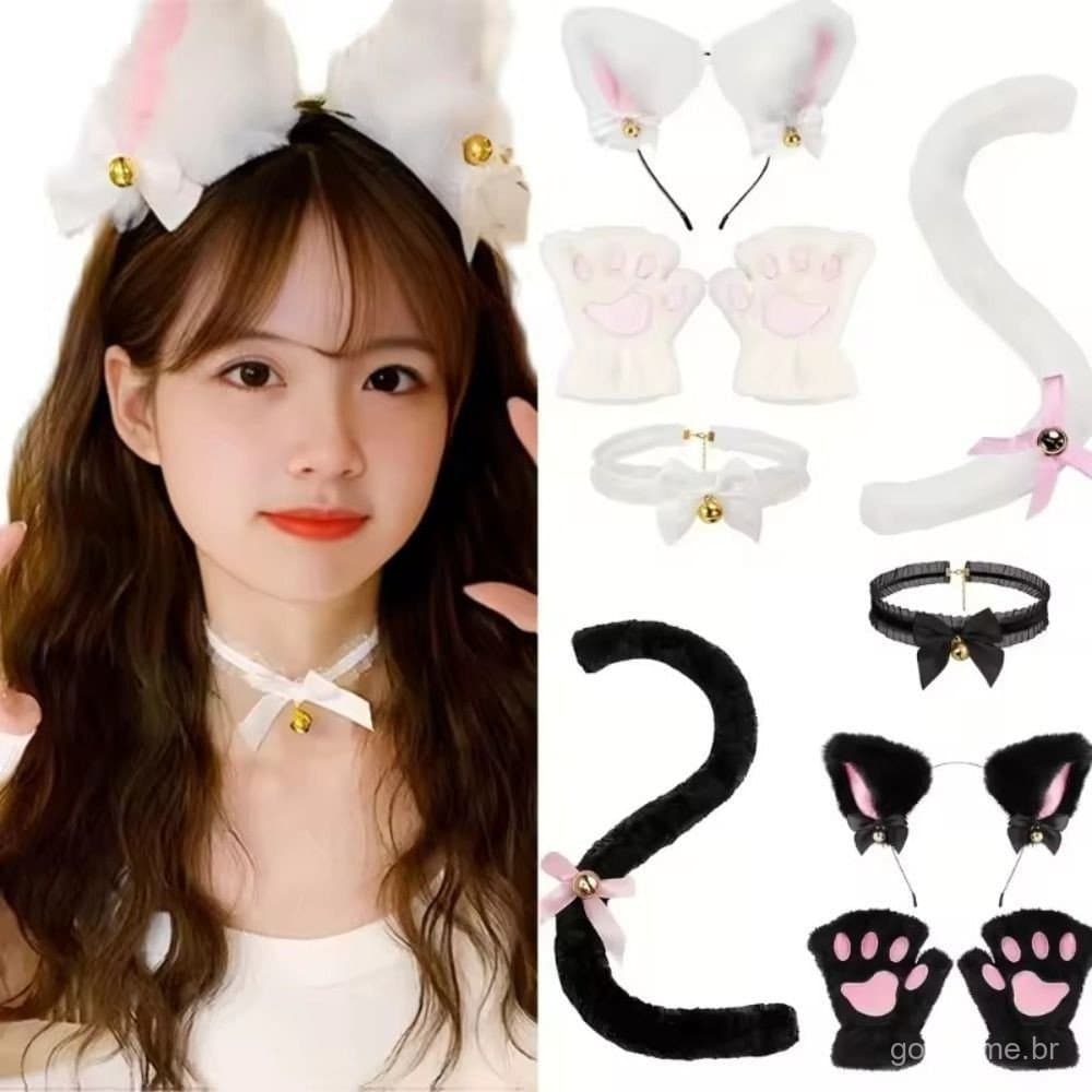 Conjunto de Bandana com Orelhas de Gato, Acessório de Cabeça Feminino para Cosplay Lolita, Fantasia de Halloween