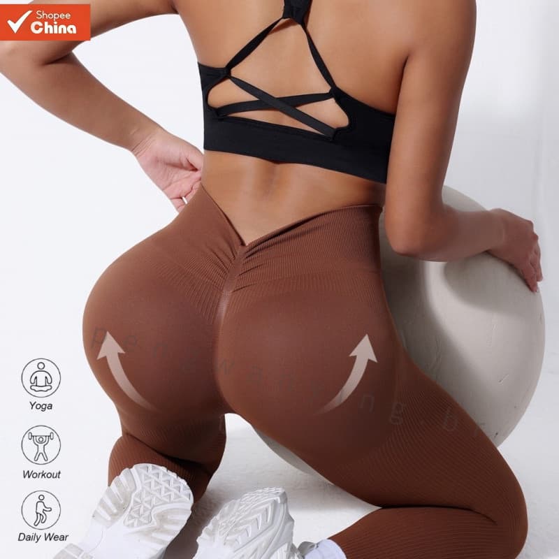 Calças de Yoga Femininas/Leggings Sem Costura com Cintura Alta em Forma de V/Calças Esportivas de Fitness com Efeito Lev