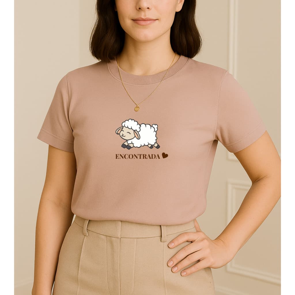 Camsa Camiseta T shirt Baby Look Feminina Cristã 100 % Algodão Gola Ribana Estampada Ovelha Encontrada